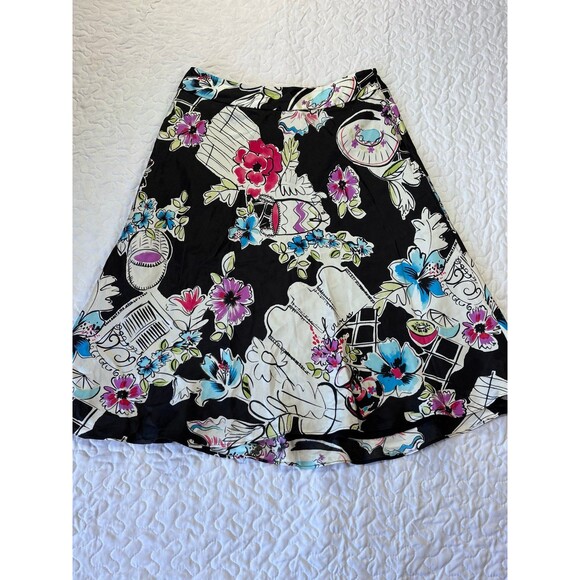 Valerie Stevens Black Floral Print Flowy A-Line Skirt 100% Silk size 4 - Picture 1 of 6